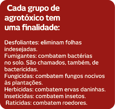 Cada grupo de agrot xico tem uma finalidade: Desfoliantes: eliminam folhas indesejadas  Fumigantes: combatem bact ria   