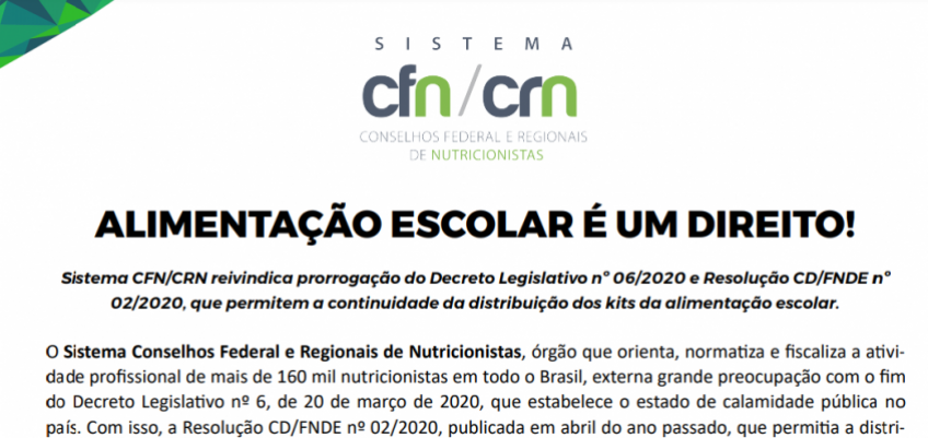 Nota pública: ALIMENTAÇÃO ESCOLAR É UM DIREITO!